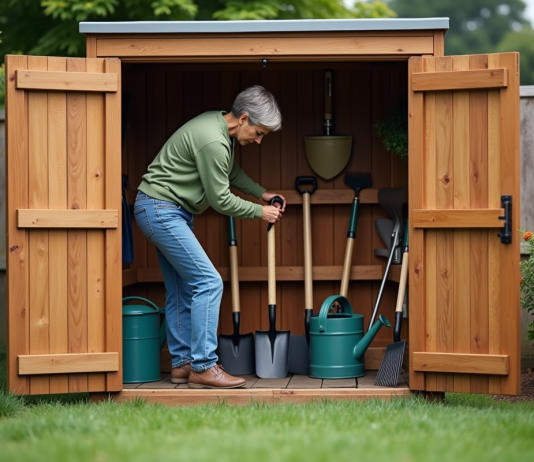 Femme organisée dans son abri de jardin en jeans et pull vert