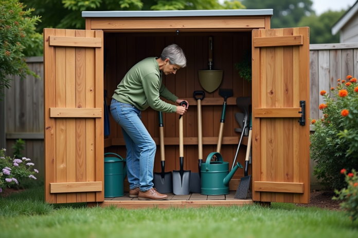 Femme organisée dans son abri de jardin en jeans et pull vert