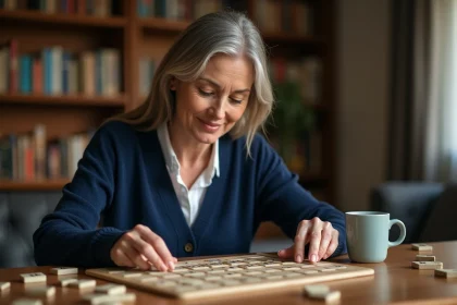 Femme concentrée jouant à un jeu de lettres avec des mots rares commençant par M sur une table en bois