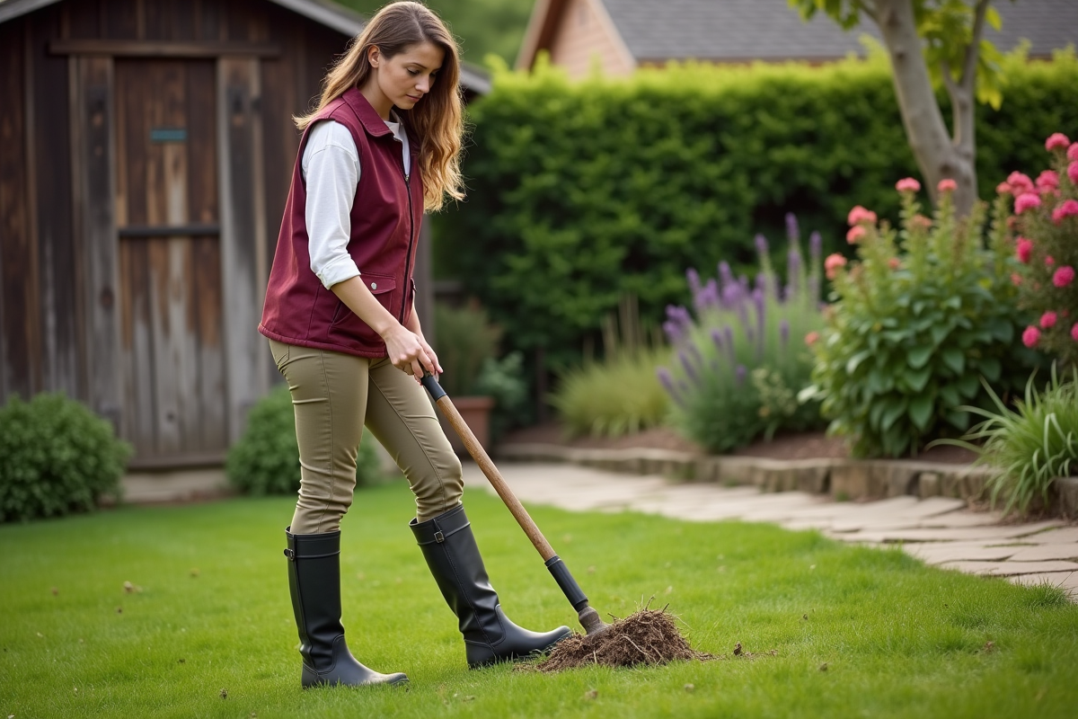 Jeune femme inspecte un râteau dans un jardin rural fleuri