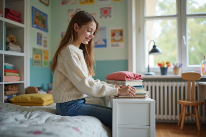 Jeune fille souriante triant des livres dans sa chambre cosy