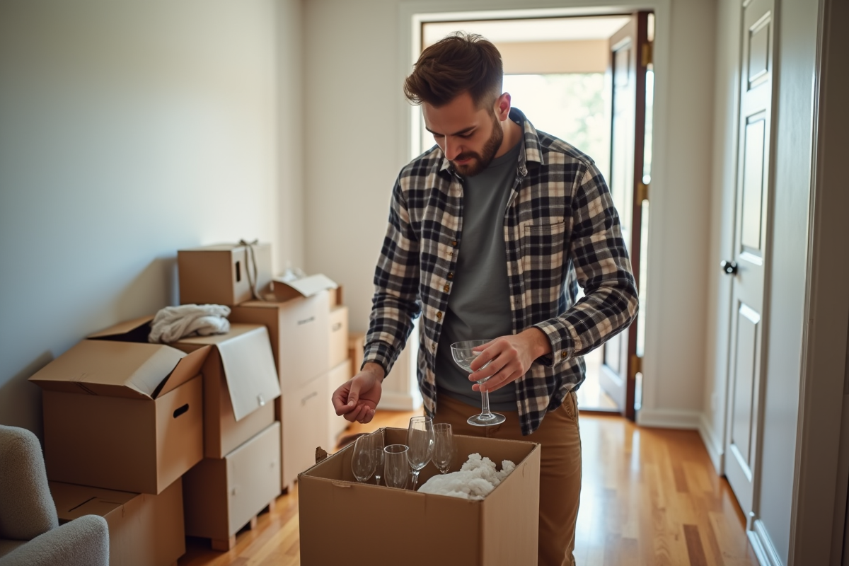 Jeune homme rangeant des verres dans une boîte de déménagement