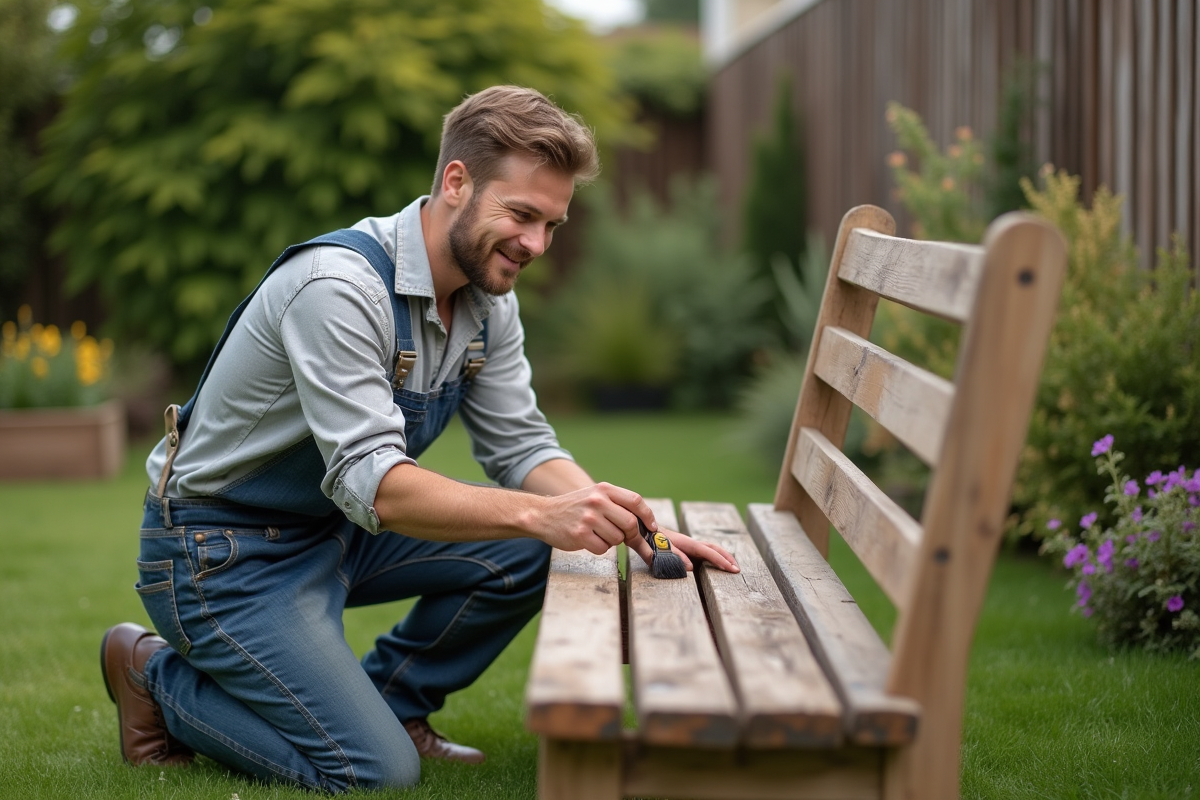 Jeune homme huilant un banc de jardin avec un pinceau en extérieur
