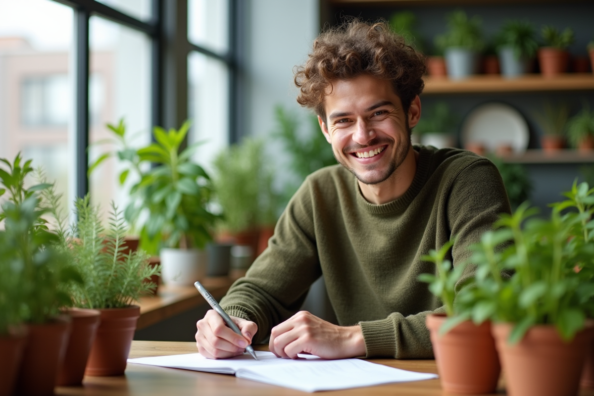 Jeune homme dans un espace de travail avec des plantes vertes