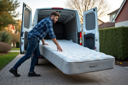 Jeune homme déplaçant un matelas vers une van blanche