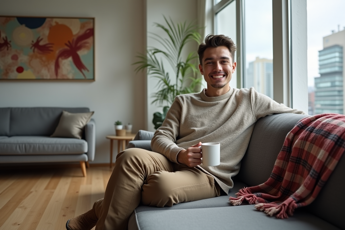 Jeune homme souriant avec plaid dans un salon urbain