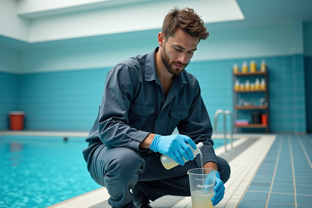 Jeune homme versant un produit dans un bassin public