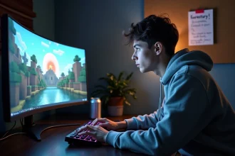 Joueur adulte concentré devant un écran affichant Minecraft en mode survie hardcore, setup gaming moderne avec notes de craft