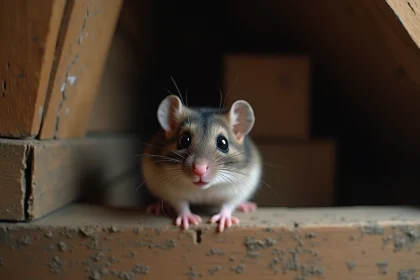 Loir gris perché sur une poutre en bois dans un grenier, regardant l'objectif avec ses grands yeux noirs