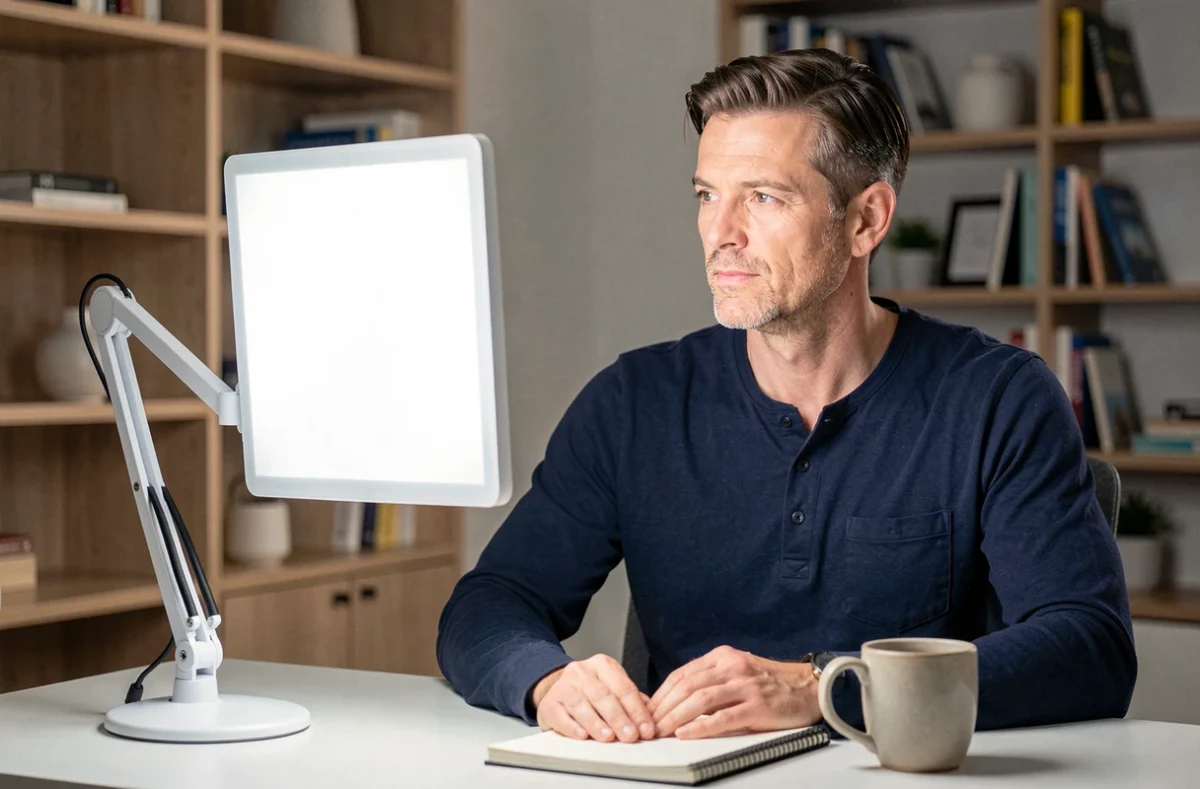 Homme utilisant un panneau de luminothérapie LED au bureau à domicile le matin