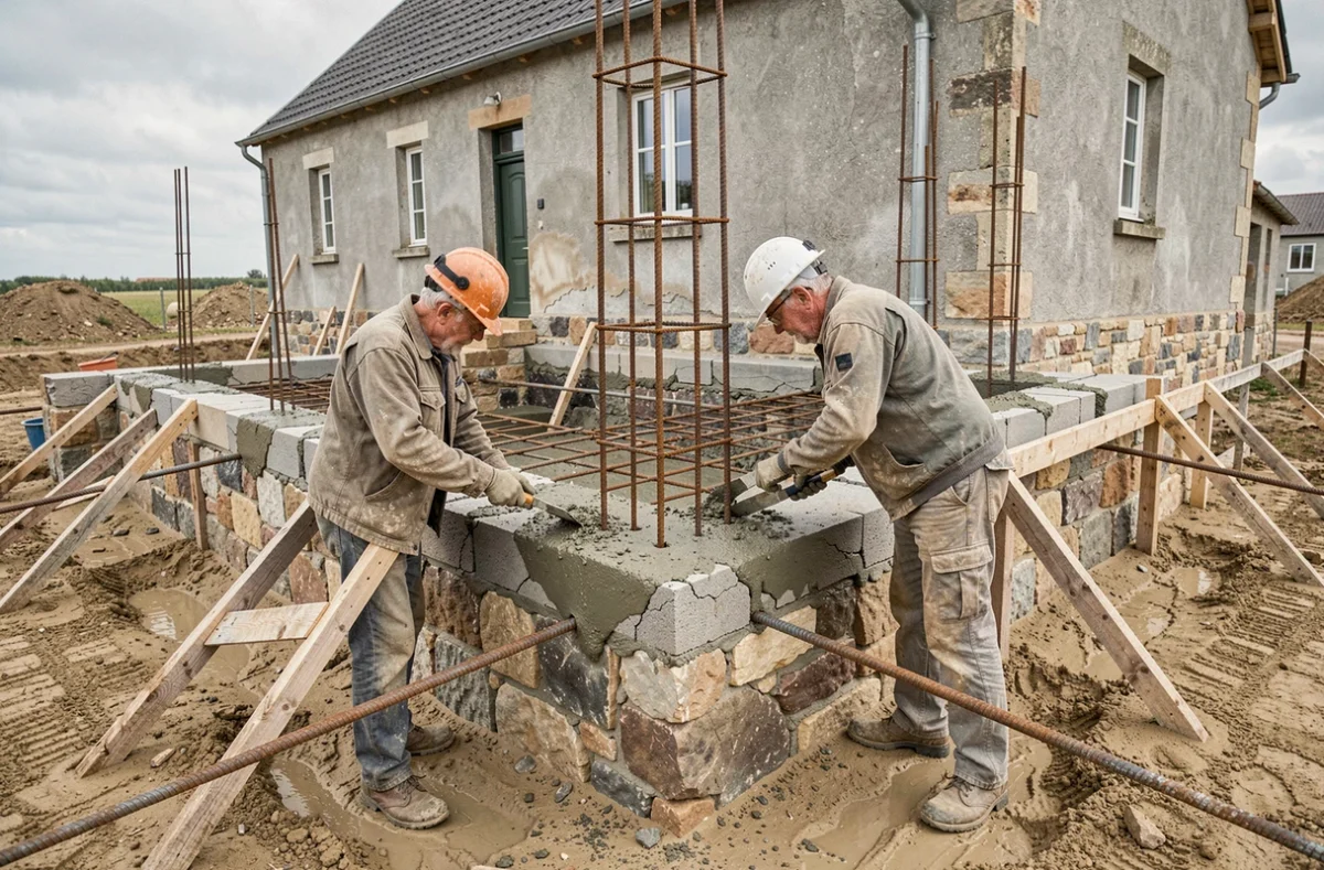 Ouvriers réalisant des travaux de maçonnerie et renforcement structurel sur une maison des Landes