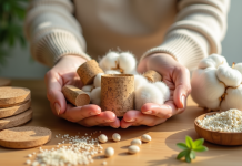 Mains tenant des matériaux durables comme bambou et coton bio