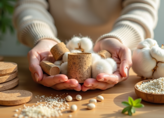 Mains tenant des matériaux durables comme bambou et coton bio
