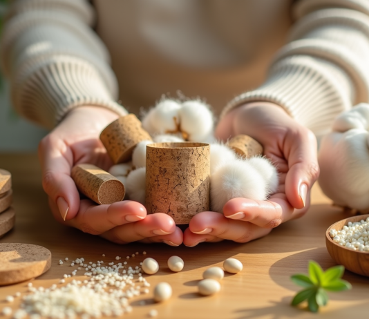 Mains tenant des matériaux durables comme bambou et coton bio