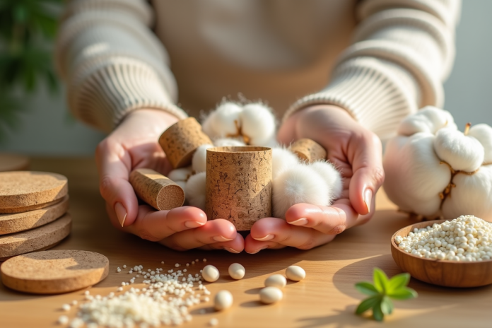 Mains tenant des matériaux durables comme bambou et coton bio