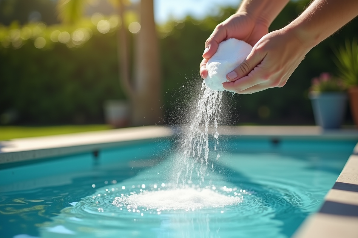 Mains saupoudrant du bicarbonate dans une petite piscine