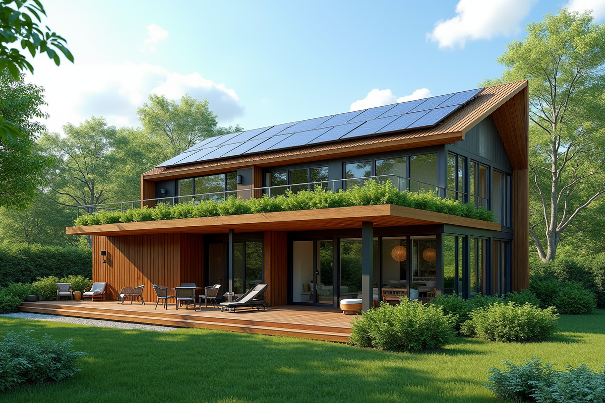 Maison écologique avec panneaux solaires et toit vert