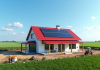 Maison moderne avec toit rouge et panneaux solaires dans un champ