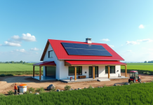 Maison moderne avec toit rouge et panneaux solaires dans un champ