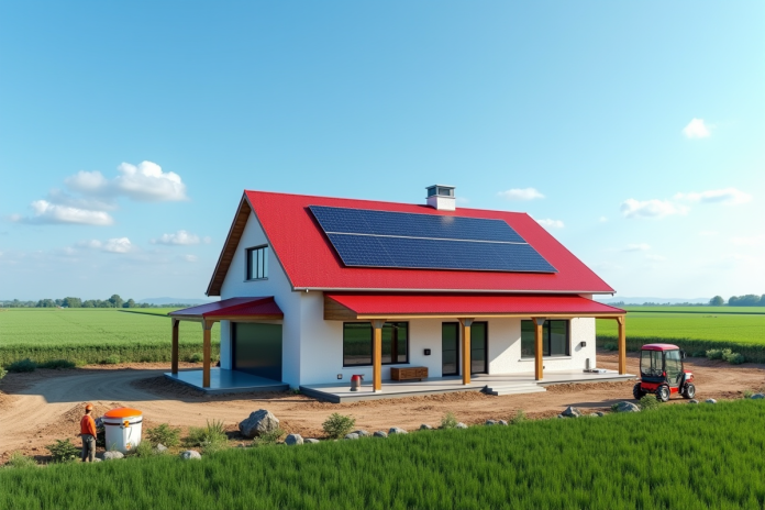 Maison moderne avec toit rouge et panneaux solaires dans un champ