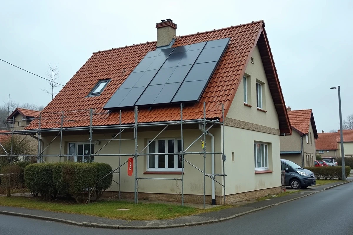 Maison individuelle avec installation de panneaux solaires inachevée et échafaudage abandonné, illustrant un litige avec une entreprise de rénovation énergétique