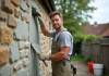 Les bénéfices du crépi ou enduit extérieur pour rénover votre façade Maçon appliquant un enduit neuf sur une maison en pierre