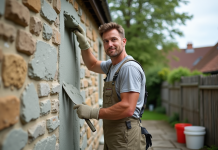 Maçon appliquant un enduit neuf sur une maison en pierre