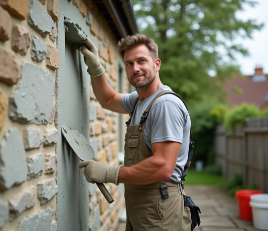 Maçon appliquant un enduit neuf sur une maison en pierre