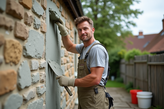 Maçon appliquant un enduit neuf sur une maison en pierre