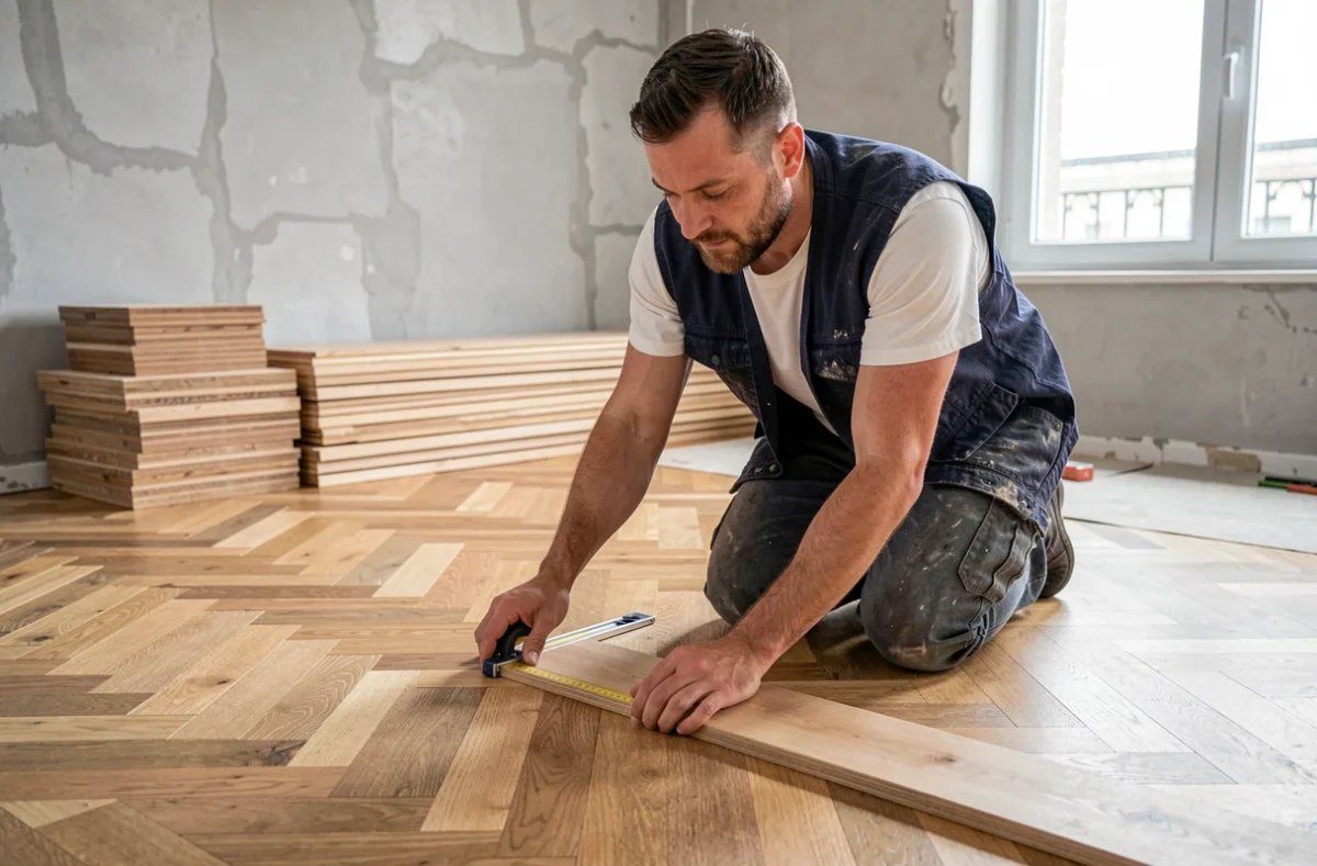 Artisan de Marc Loc mesurant des lames de parquet en chêne dans un appartement parisien en rénovation