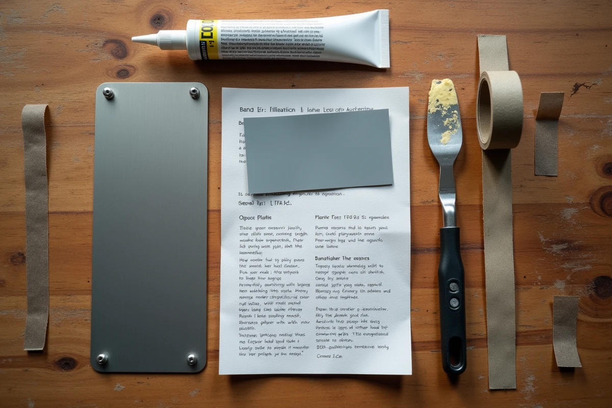 Vue à plat des matériaux nécessaires pour coller du plastique sur du métal sans bavure, incluant colle, spatule et ruban adhésif de masquage