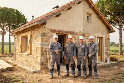 Équipe de rénovation professionnelle devant une maison landaise en cours de rénovation