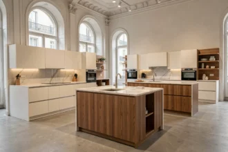 Showroom de cuisinistes à Paris avec plusieurs modèles de cuisines modernes exposés