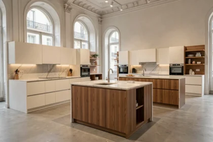 Showroom de cuisinistes à Paris avec plusieurs modèles de cuisines modernes exposés