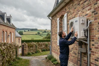 Technicien en climatisation installant un système de climatisation sur une maison normande en Seine-Maritime