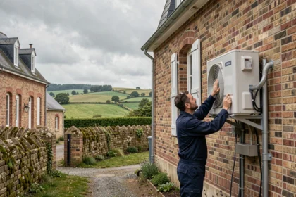 Technicien en climatisation installant un système de climatisation sur une maison normande en Seine-Maritime