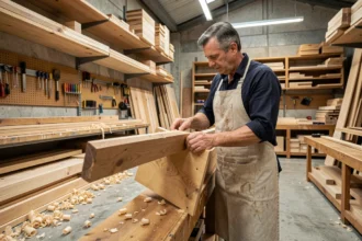 Menuisier professionnel en Île-de-France examinant un panneau de bois dans un atelier de menuiserie traditionnel