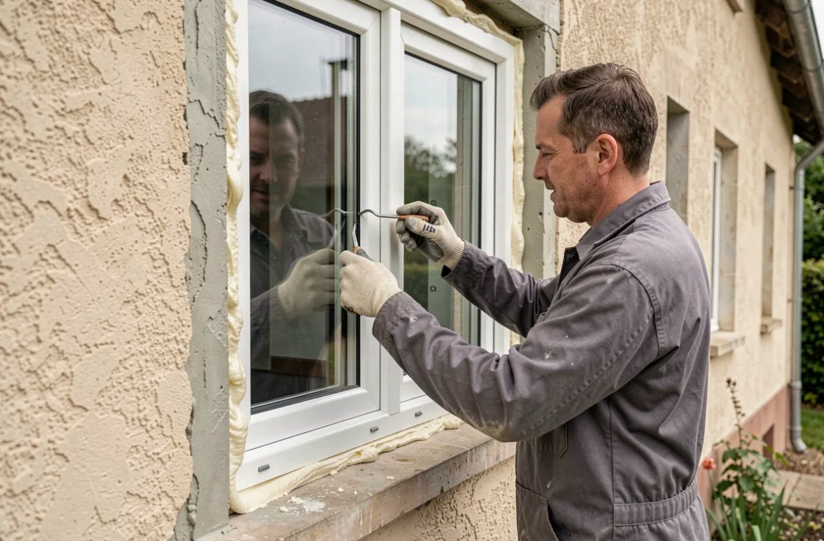 Installateur posant une fenêtre double vitrage en PVC pour le remplacement et l'isolation des menuiseries extérieures dans les Landes