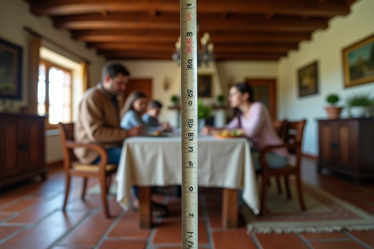 Mètre ruban mesurant la hauteur standard d'une table à manger en noyer dans une salle à manger rustique avec famille en arrière-plan