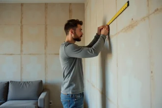 Homme mesurant un mur en placo avant d'installer un support de télévision dans un salon moderne