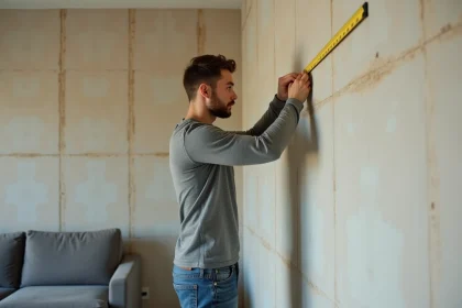 Homme mesurant un mur en placo avant d'installer un support de télévision dans un salon moderne