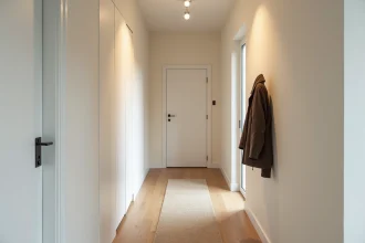 Meuble cache compteur électrique blanc intégré dans un couloir étroit d'appartement moderne avec parquet clair