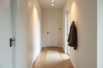 Meuble cache compteur électrique blanc intégré dans un couloir étroit d'appartement moderne avec parquet clair