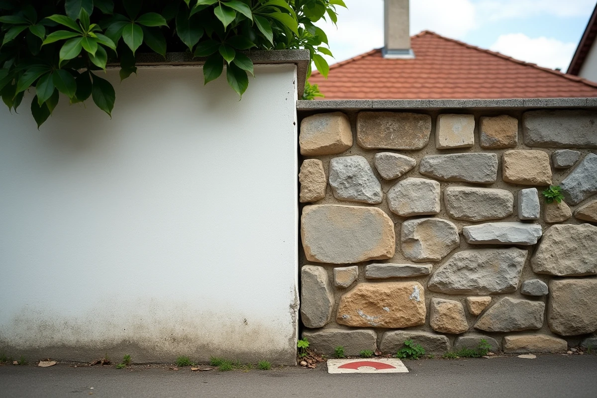 Mur mitoyen entre deux propriétés avec différence de hauteur et marquage de limite de propriété