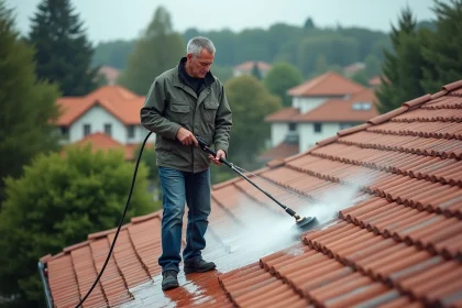 Homme moyenâgeux utilisant un nettoyeur haute pression sur un toit en tuiles