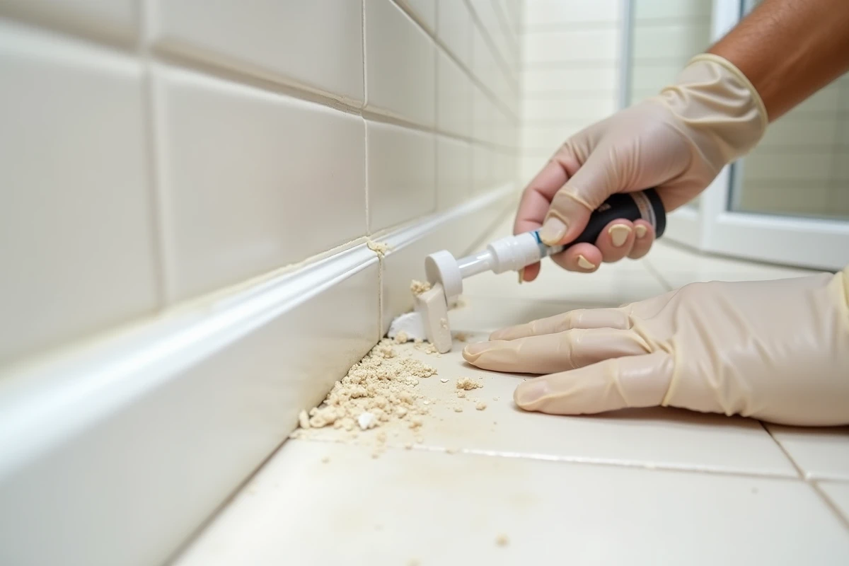 Mains gantées grattant un résidu de joint colle séché sur une plinthe PVC blanche dans une salle de bain