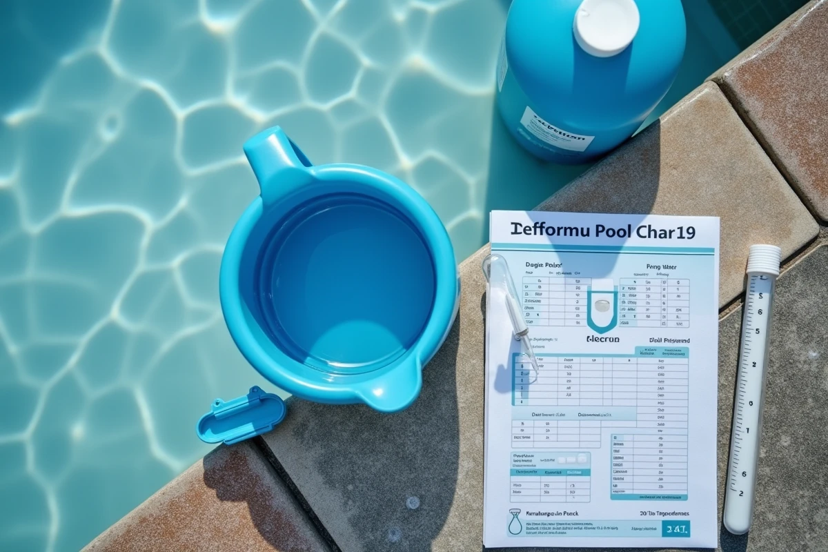 Vue aérienne des outils de dosage de javel pour piscine : verre doseur, tableau de m3 et échantillon d'eau