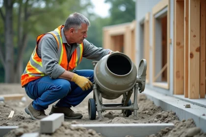 Ouvrier en vestiaire haute visibilité mélangeant du béton sur un chantier