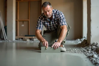 Ouvrier en chantier posant du ciment avec concentration
