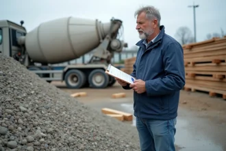 Homme d'âge moyen près d'un chantier de béton en extérieur